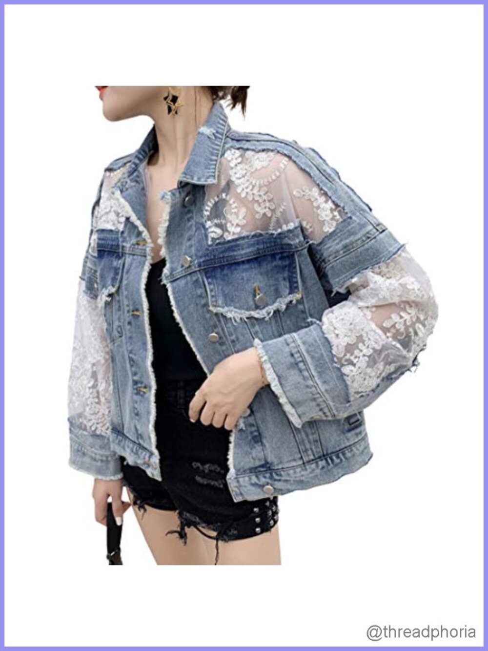 Women's See Through Floral Embroidery Lace Crop Denim Jacket Ripped Distressed